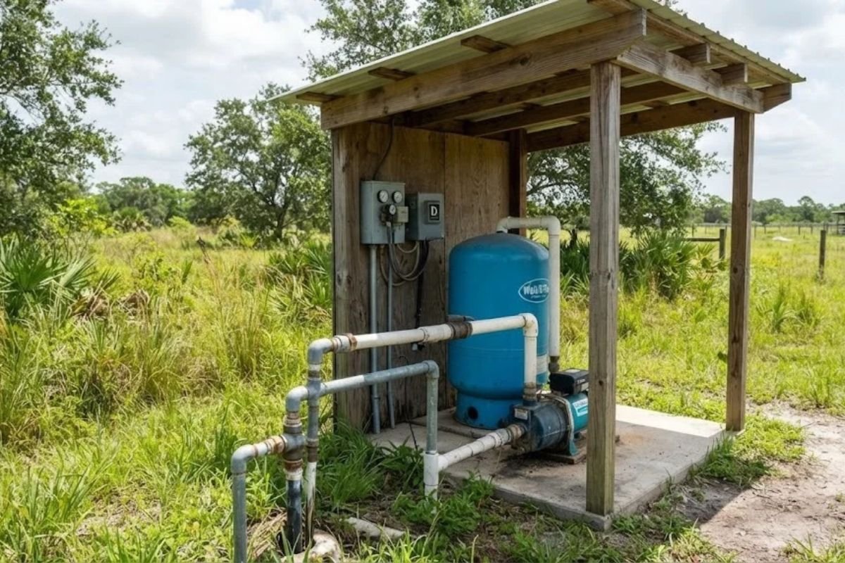 Well pump and pressure tank setup on a rural Immokalee, FL property