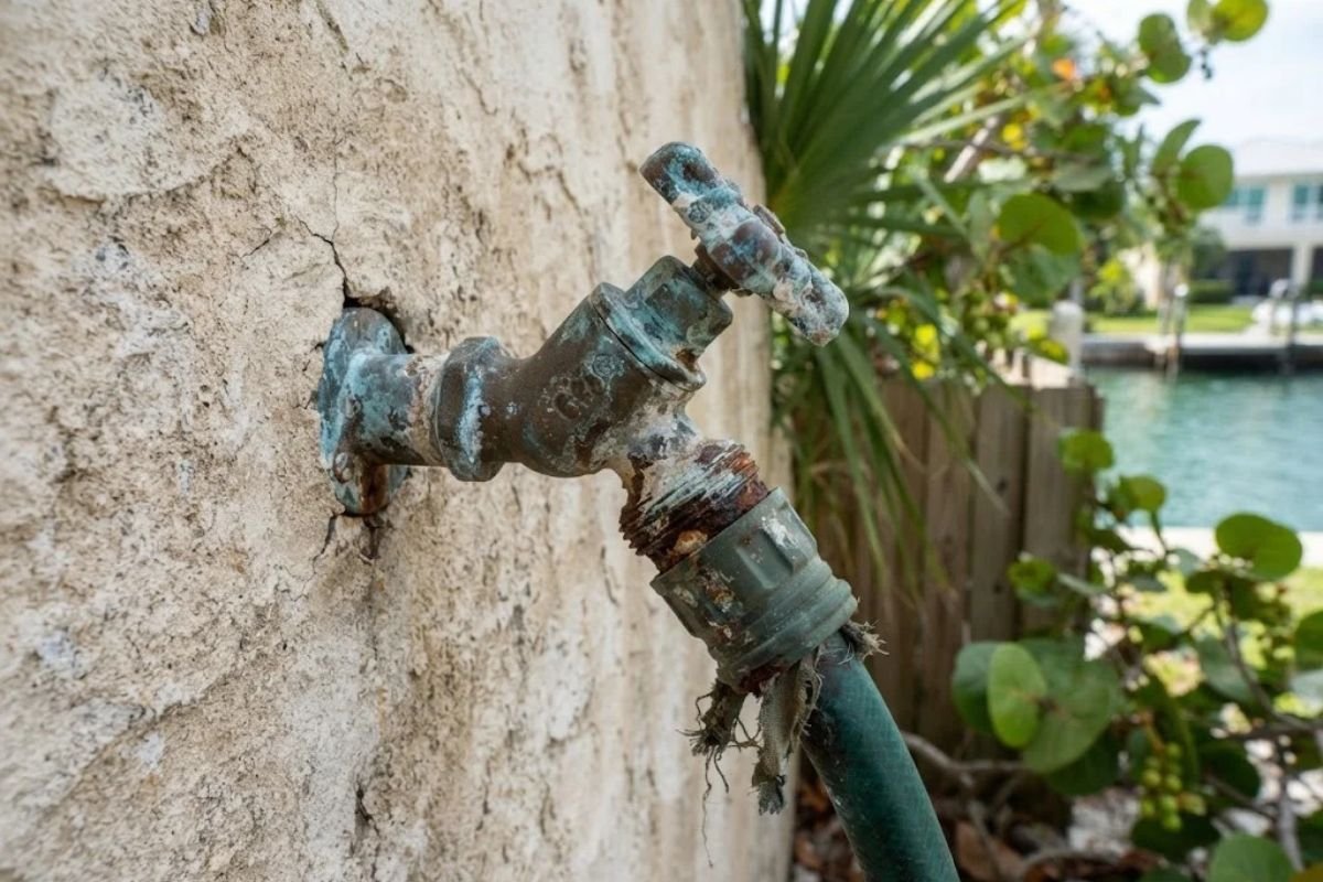 Corroded outdoor fitting on a Marco Island, FL property