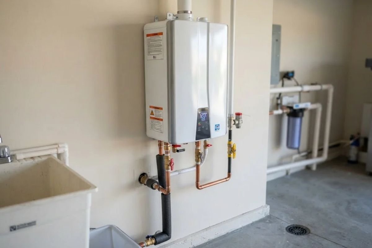 Compact tankless water heater mounted on a wall