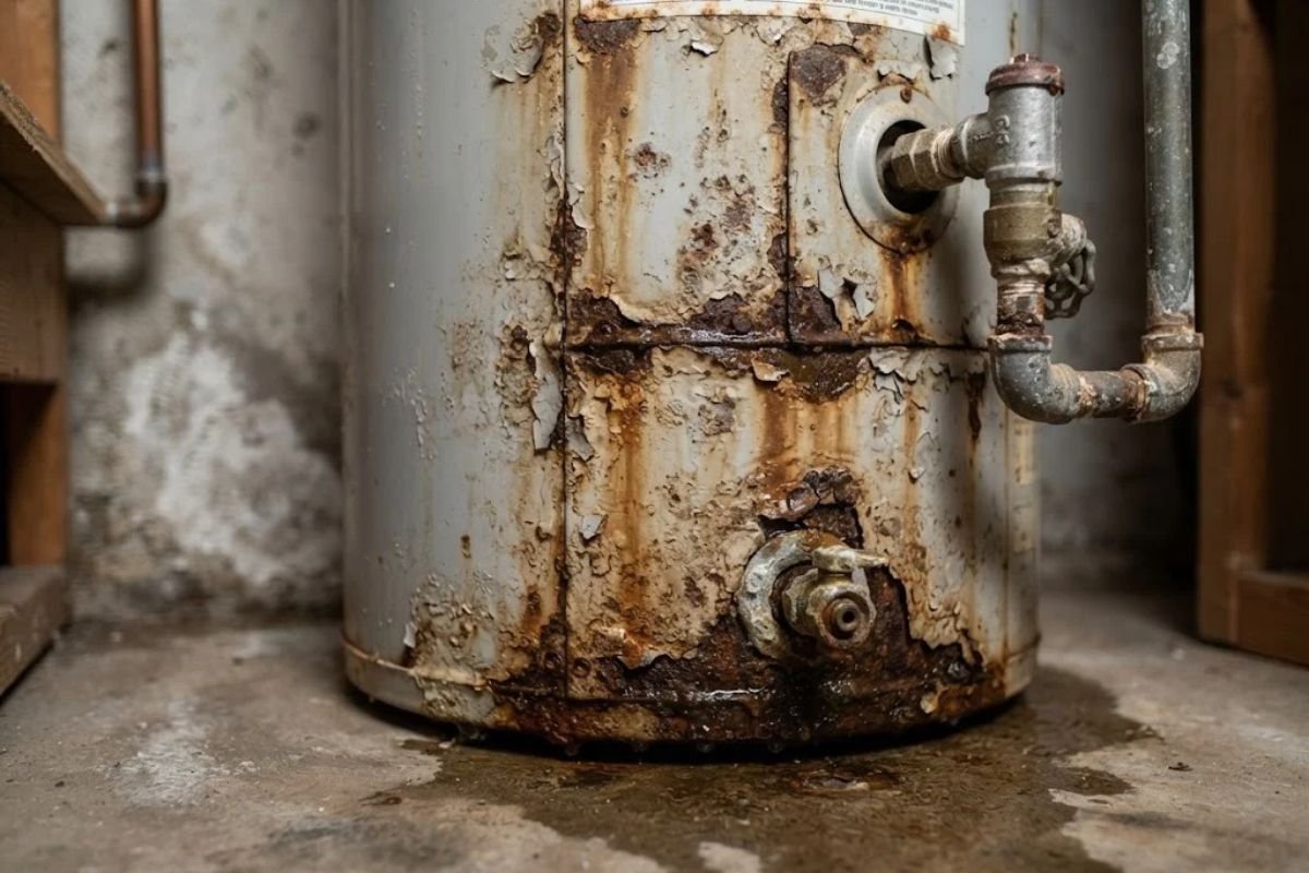 Aging water heater tank showing signs of wear