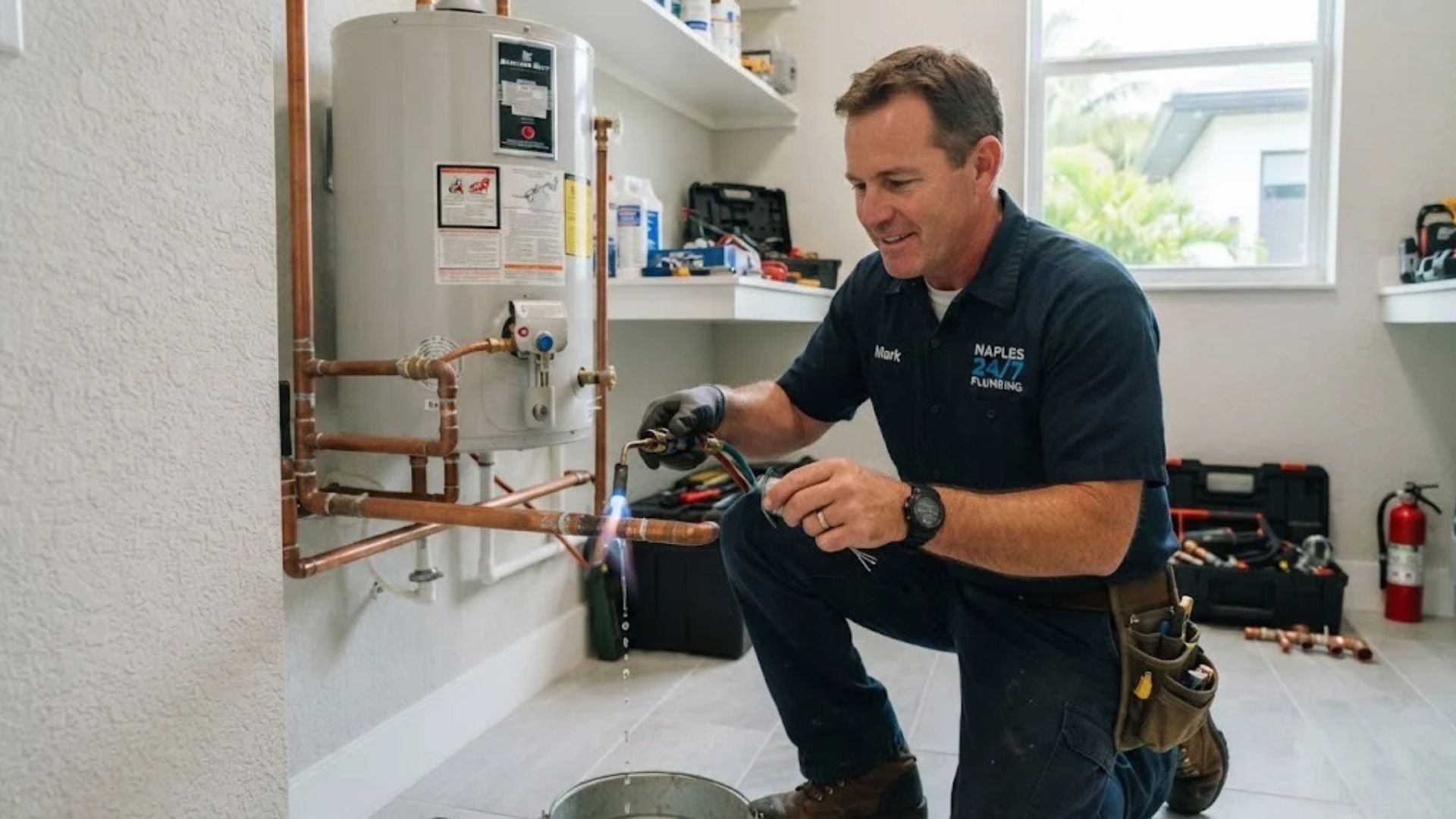 Naples 24/7 Plumbing technician repairing a water heater in a Naples, FL home
