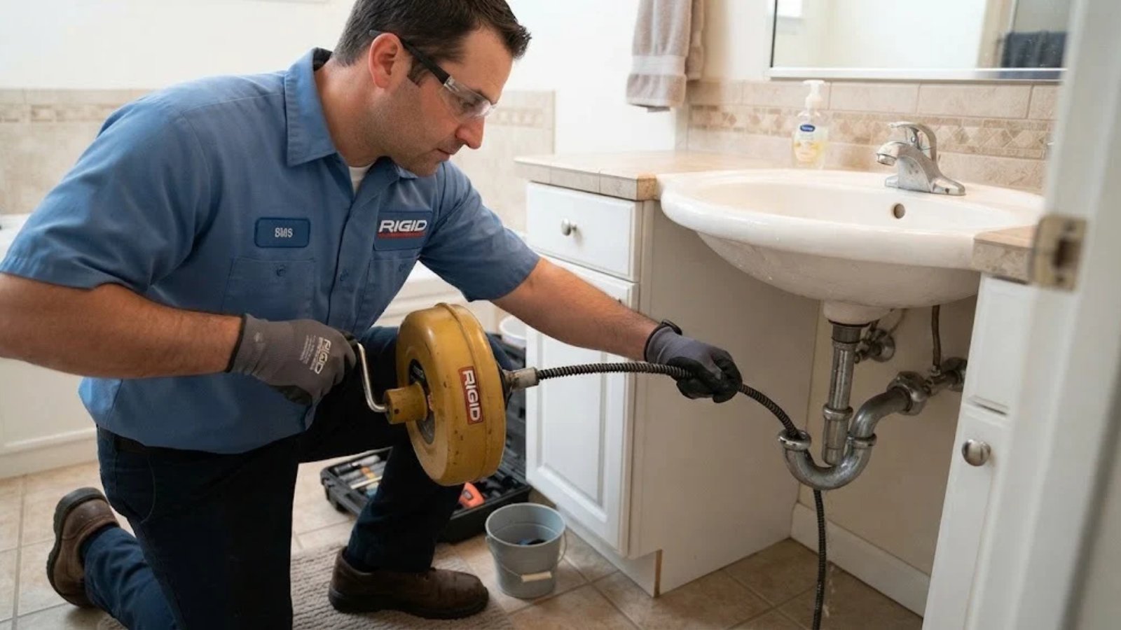 Plumber using a drain snake to clear a clogged drain in Naples, FL