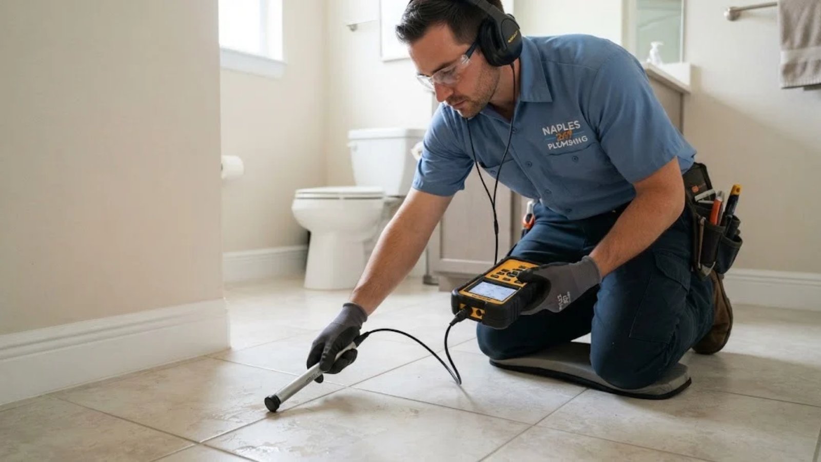Technician using electronic leak detection equipment in a Naples, FL home