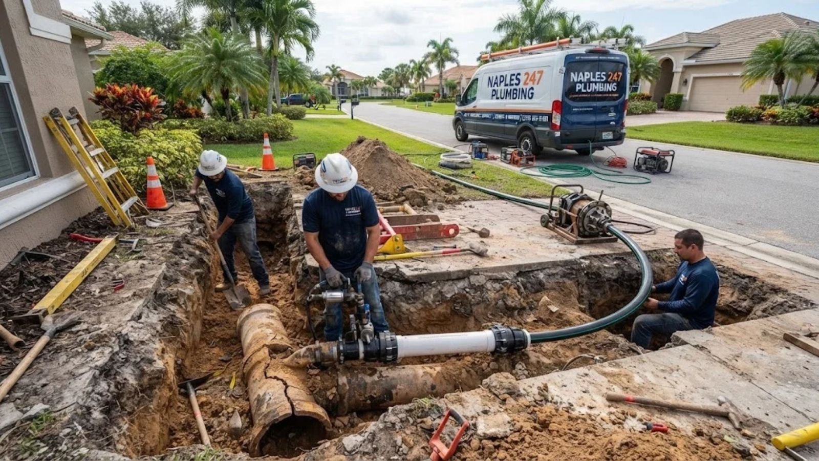 Sewer line repair work being performed at a Naples, FL property