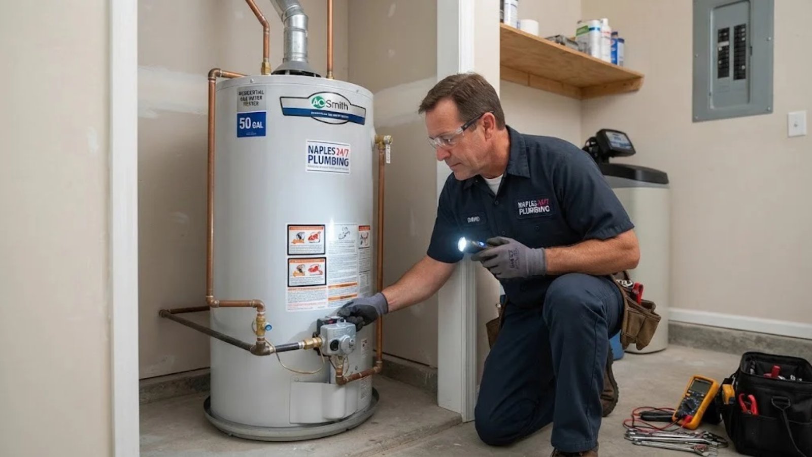 Technician inspecting a residential tank water heater in Naples, FL